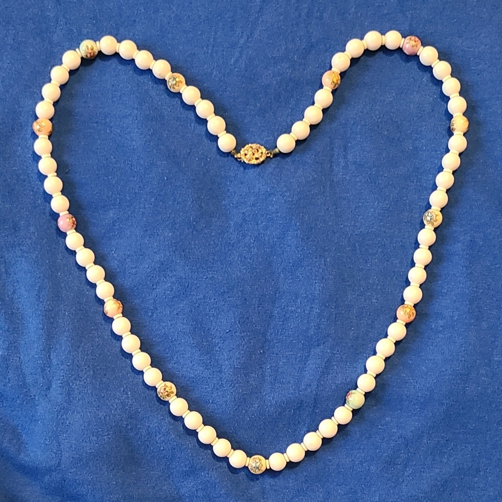 VERY Vintage Floral Plastic Bead Necklace 30" Long 1950s Mid-Century